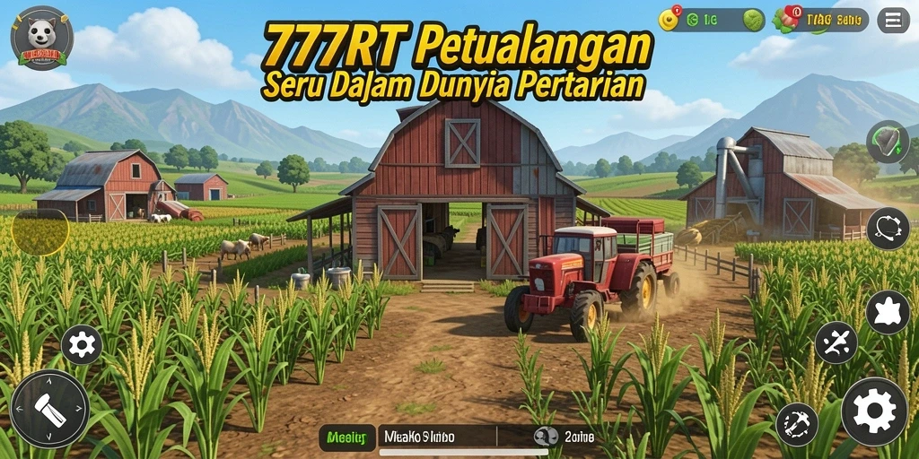 Tampilan gameplay 777RT dengan ladang pertanian yang rapi dan hewan ternak.