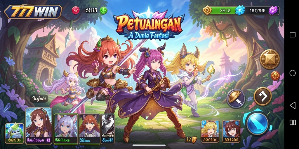 Screenshot gameplay 777WIN menunjukkan karakter anime beraksi dalam petualangan.