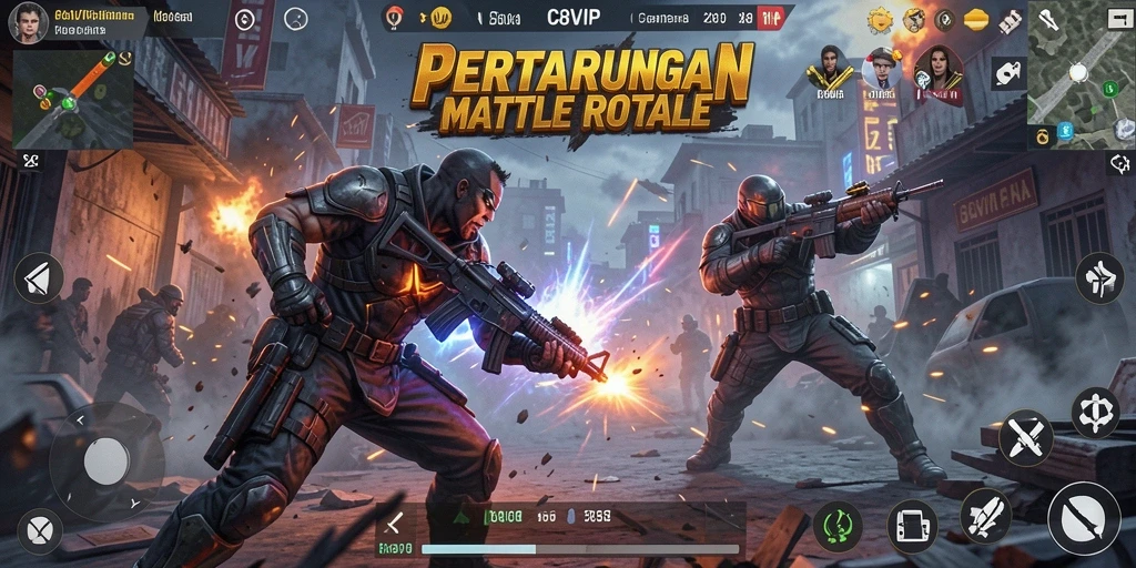 Screenshot utama C8VIP menampilkan aksi intens dalam Battle Royale.