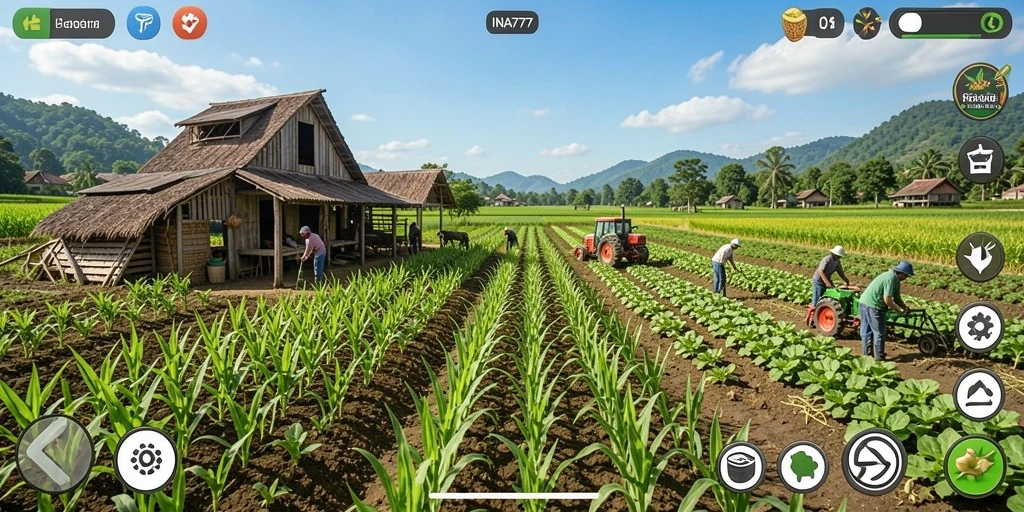 Tampilan gameplay <strong>INA777</strong> yang menampilkan kebun yang subur dan hewan peliharaan.