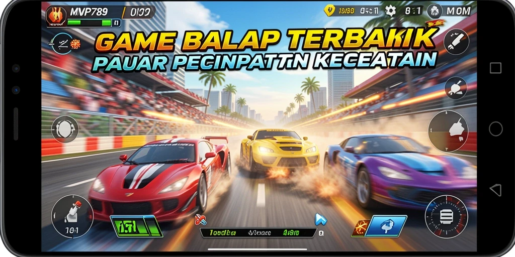 Tampilan gameplay seru dalam MVP789 dengan berbagai kendaraan balap.