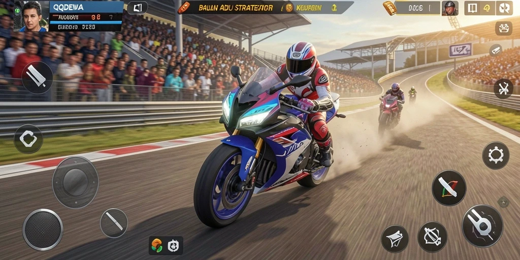 Tampilan gameplay mendebarkan dalam QQDEWA saat balapan motor.
